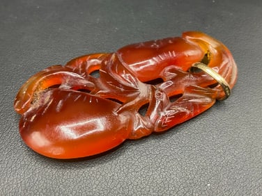 Carved Chinese Red Jade Pendant 18K Yellow Gold