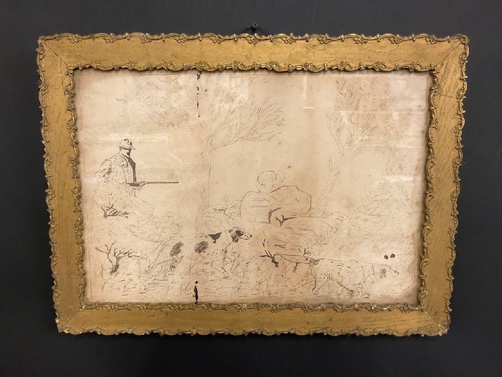 Late 19th Century American Folk Art Pen Calligraphy HUNTING SCENE: Late 19th Century American Folk Art Calligraphy.Man in woods hunting with game. Frame: 24” x 17 1/2”Art: 20” x 13 3/4”