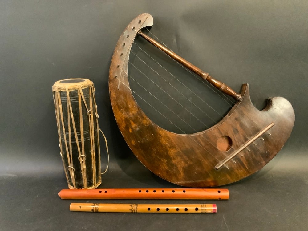 Instrument Grouping - 1920's Lyre Harp, Madal Drum and Two (2) Wood Flutes (1 of 5)