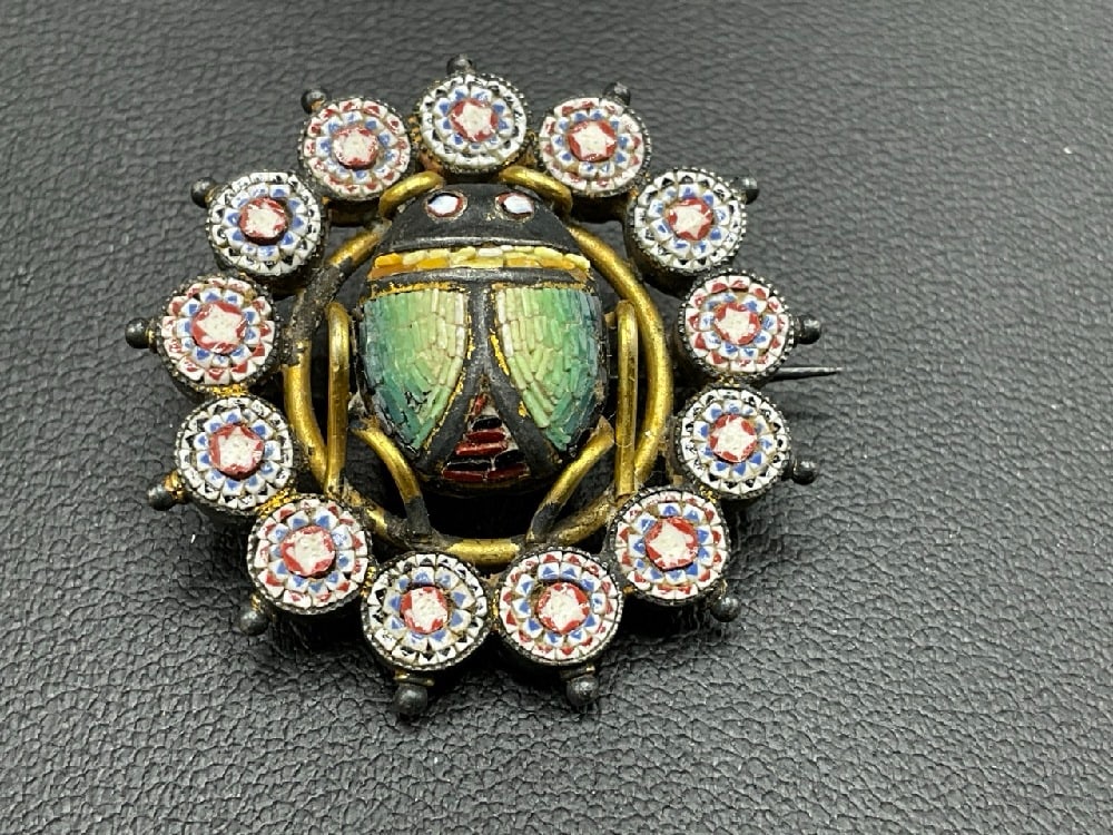 Antique Egyptian Revival Micromosaic Scarab Pin (1 of 4)