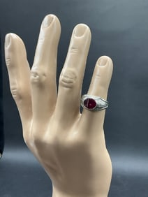 10K White Gold Ring with Ruby Colored Stone