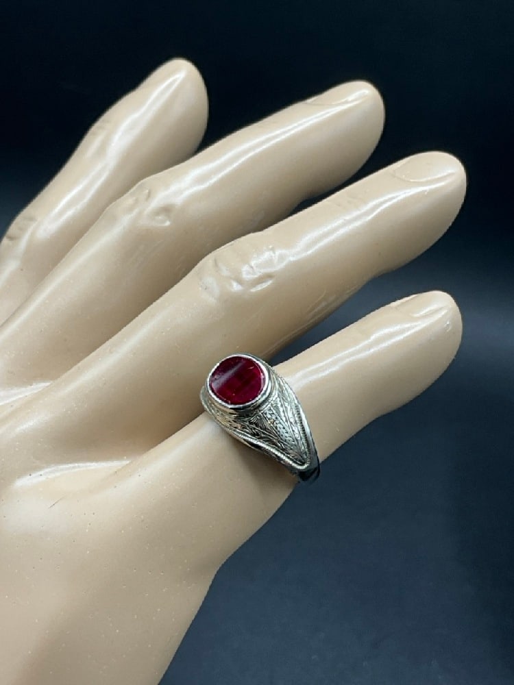 10K White Gold Ring with Ruby Colored Stone - 2