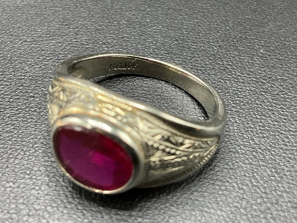 10K White Gold Ring with Ruby Colored Stone - 5