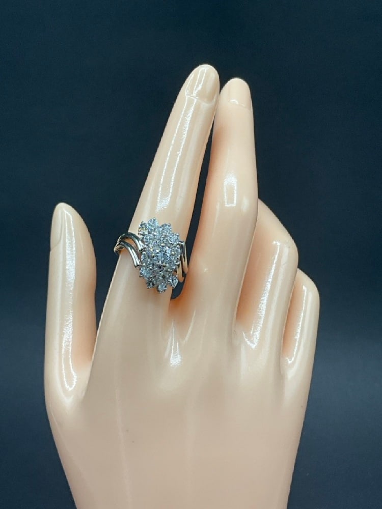 Estate Lady's 3 Carat 14K Whtie Gold Diamond Cocktail Ring: Lady's 3 Carat 14K Whtie Gold Cocktail Ring. 14K white gold waterfall style cocktail ring. Nineteen (19) transitional cut diamonds H Color SI Clarity having very good cuts. Total weight of diamonds