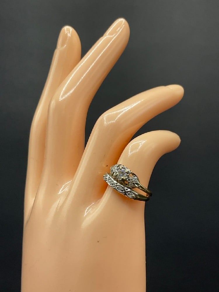 14K Diamond Engagement Ring and Band Wedding set: 14K Diamond Engagement Ring and Band Wedding Set. Size 3. t.w: 3.14 grams.Fused together.