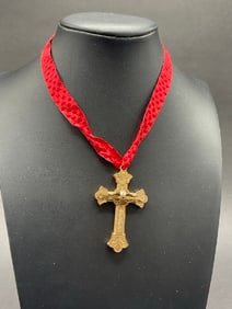 Antique 9ct Gold Crucifix Cross Pendant with Ribbon