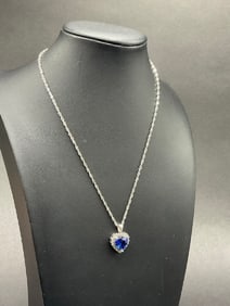 10K White Gold Blue Sapphire Heart Pendant Necklace