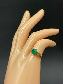 14K Emerald Cabochon and Diamond Ring