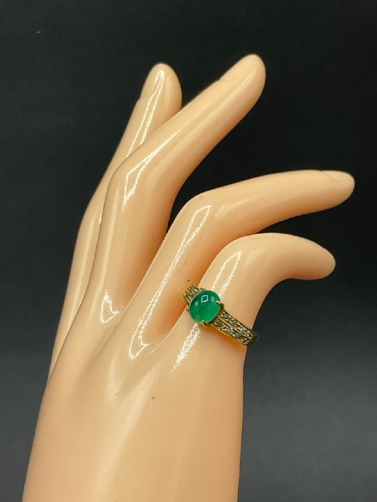 14K Emerald Cabochon and Diamond Ring (1 of 3)