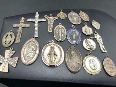 Large Group of Sterling Silver Religious Pendants