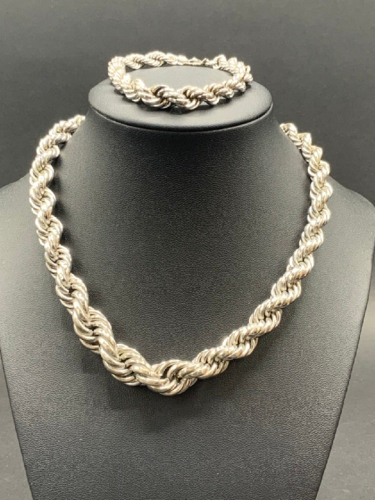 Sterling Silver Rope Necklace and Bracelet: Sterling Silver Rope Necklace and Bracelet Total Weight 63.8 grams Necklace 16”, Bracelet 7 1/2”