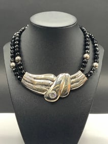 Oversized 80's Sterling Silver and Black Onyx Bead Necklace