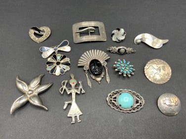 Thirteen (13) Vintage Estate Compiled Sterling Silver Pins