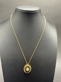 14K Yellow Gold Opal and Onyx Pendant with Chain