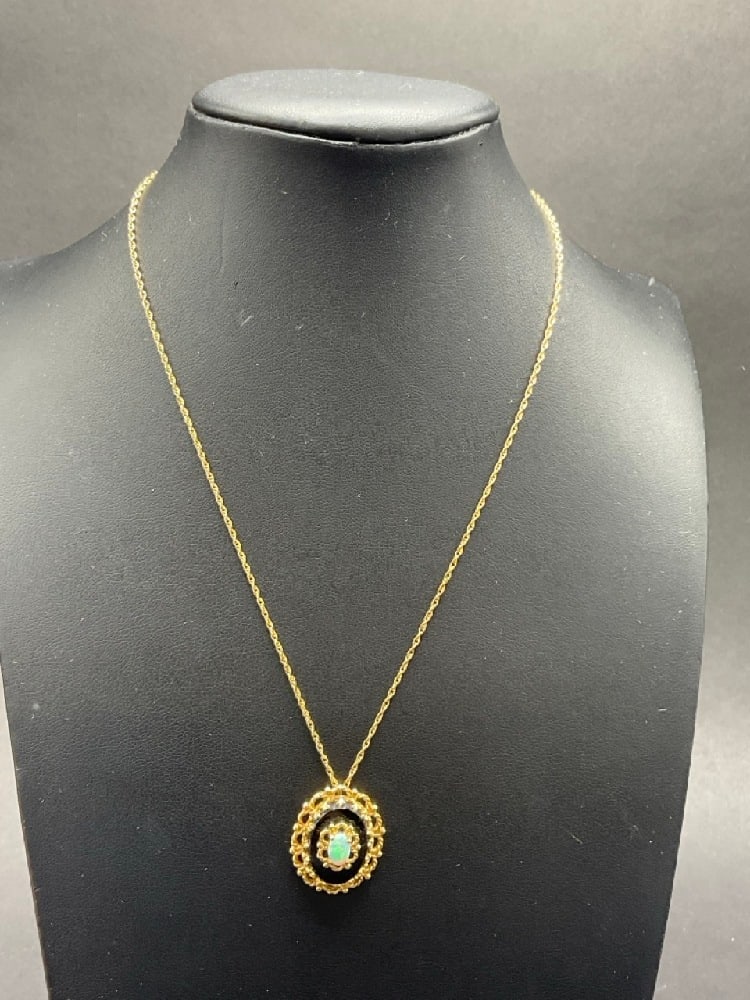 14K Yellow Gold Opal and Onyx Pendant with Chain (1 of 5)
