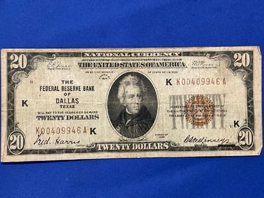 $20 Bank Note U.S. 1929 Federal Reserve Bank of Texas.