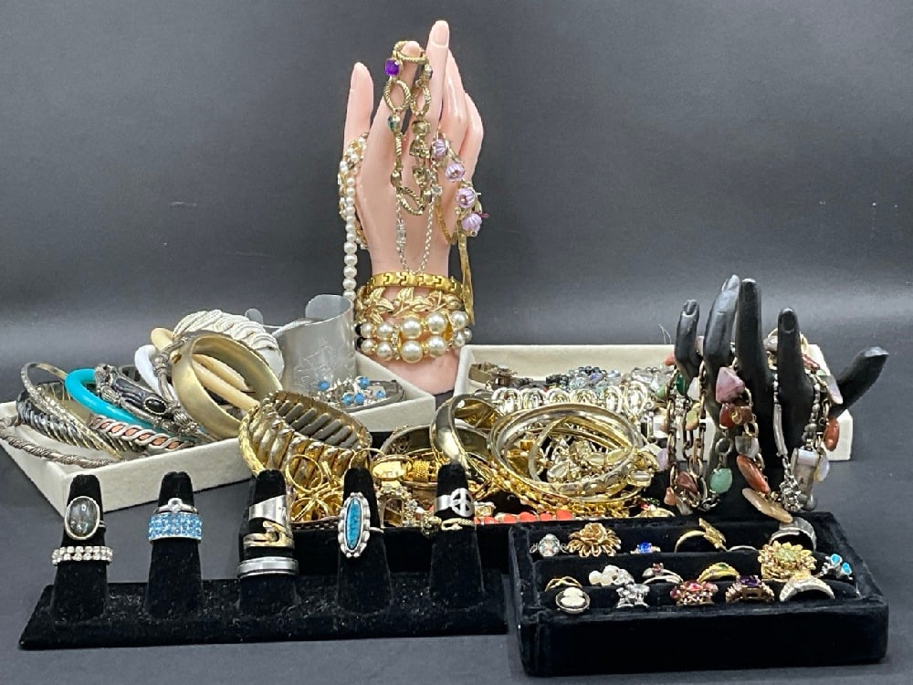 Compiled Vintage Costume Bracelet & Ring Group w/ Sterling, Coro & Avon: Compiled Vintage Costume Bracelet & Ring Group w/ Sterling, Coro & Avon. As seen in photograph preview.