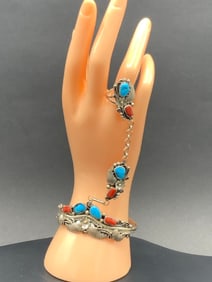 Navajo Sterling Silver Turquoise and Coral Slave Bracelet