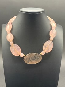 Sterling Silver Pink Quartz Carved Necklace