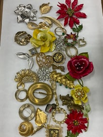 Vintage Brooch & Pin Lot - J.J, Crown Trifari, Marvella, Lisner, Napier, Trifari