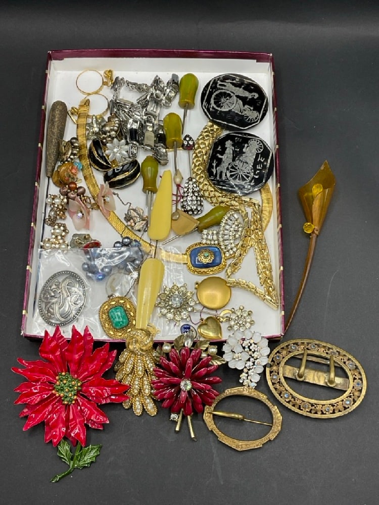 Compiled Lot of Vintage Jewelry- Bakelite, Trifari, Monet, E.N & Co, Lisner, Coro, B.S.K: Compiled Lot of Vintage Jewelry- Bakelite, Trifari, Monet, E.N & Co, Lisner, Coro, B.S.K.