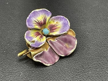 14K Yellow Gold Enameled Pansy Pin