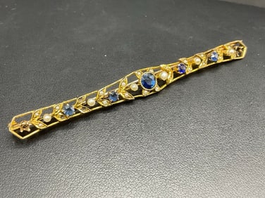 6.1 Grams 14K Yellow Gold Sapohire and Seed Pearl Pin