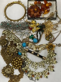 Vintage Costume Jewelry Lot - Miriam Haskell, Coro, Trifari w/ Amber Pieces