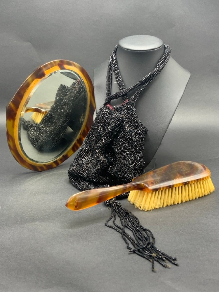 Jet Glass Beaded Evening Back and Faux Tortoise Vanity Brush and Mirror (1 of 5)