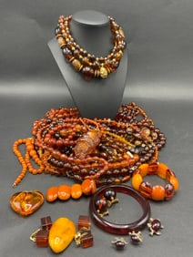 Estate Compiled Vintage Plastic and Amber Jewelry Group