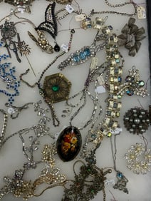 A Tray Lot of Vintage Rhinestone Necklaces, Pins and Related