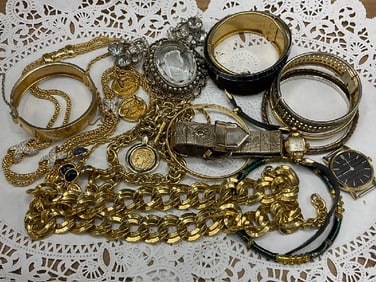 Vintage Gold Tone Costume Jewelry Lot - Bulova, Monet, Benrus