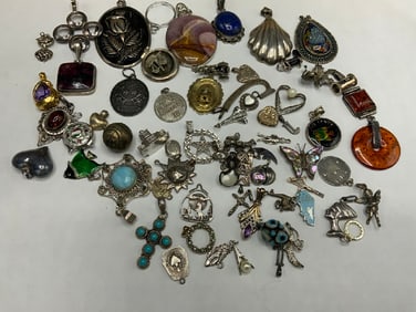 Large Vintage Group of Sterling Silver Pins, Pendants and Charms