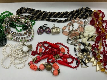 Vintage Estate Compiled Costume Jewelry Lot w/Art Deco Glass Necklaces