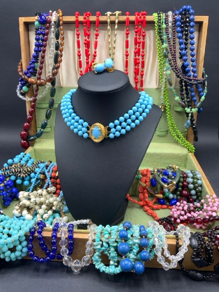 A Box Found Filled with Early Glass Strand Bead Necklaces: A Box Found Filled with Early Glass Strand Bead Necklaces with De Nicola Necklace and Earrings and much more. As seen in photograph preview.