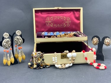 Vintage Estate Compiled Costume Jewelry Lot with Jewelry Box