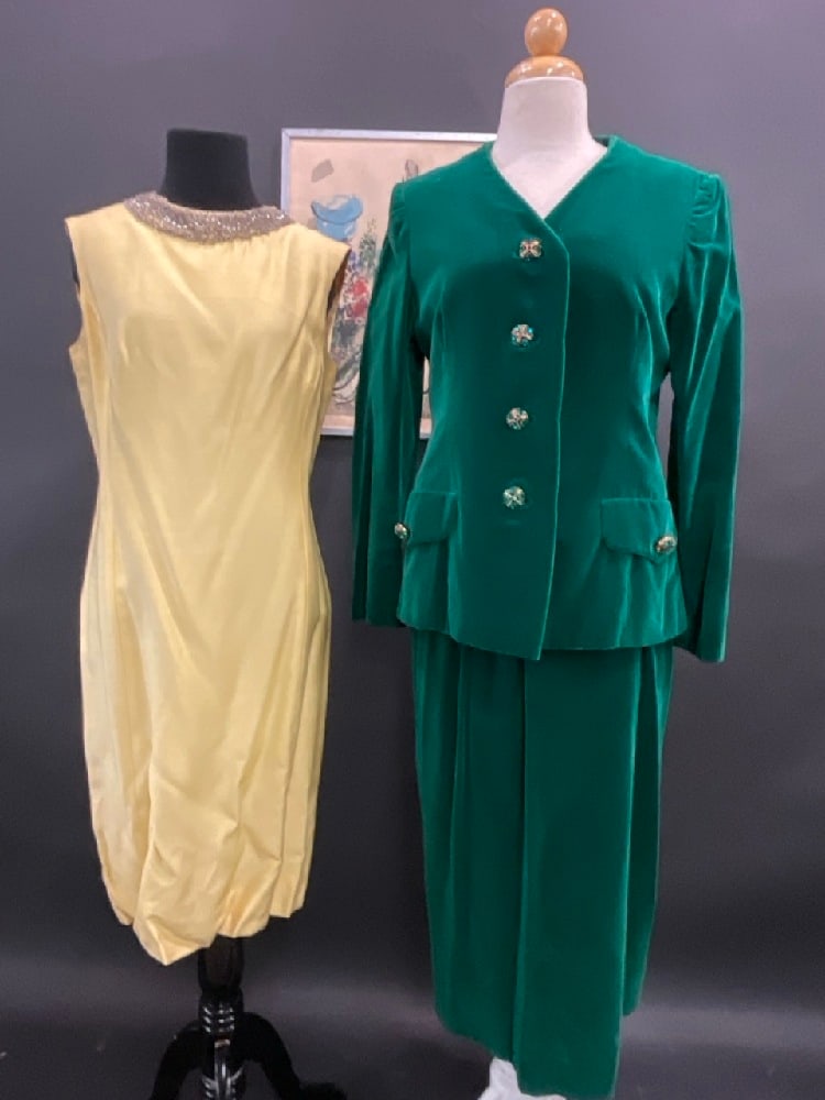 Vintage Yellow Dress with Mollie Parnis New York Green Velvet Two Piece (1 of 9)