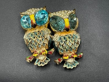Coro Duette Sterling Silver Owl Clip Brooch