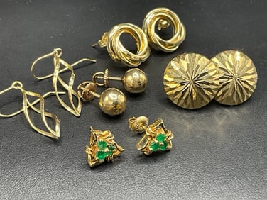 Five (5) Pairs of 14K Yellow Gold Earrings, Emeralds