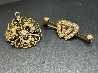 Two (2) Vintage 10K Yellow Gold, Seed Pearl and Diamond Pins