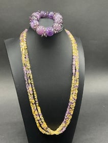 Silver Citrine Lemon and Amethyst Necklace and Bracelet