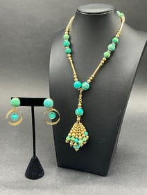 Vintage Turquoise and 14K Yellow Gold Tassel Necklace with Earrings