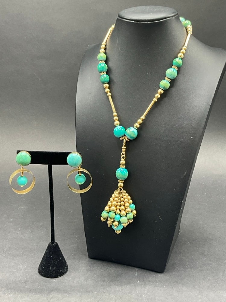 Vintage Turquoise and 14K Yellow Gold Tassel Necklace with Earrings: Vintage Turquoise and 14K Yellow Gold Tassel Necklace with Earrings. Earrings signed "TAMI" Total weight: 82.2 gramsDimensions: 16” length and 24” dropEarrings, 1 3/4” and 1”