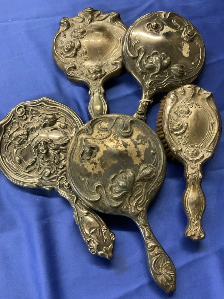 Four (4) Silver Plate Victorian/ Art Nouveau Dresser Mirrors and Brush (1 of 4)