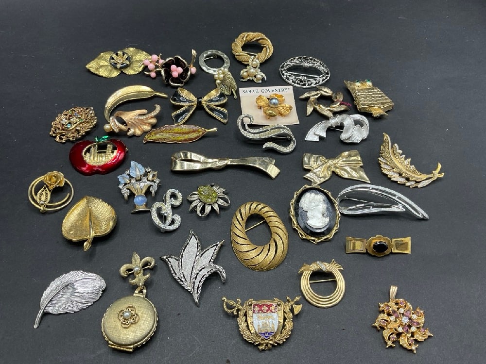 Estate Compiled Costume Jewelry Pin/Brooch Lot: Costume Pin/Brooch Lot with Trifari, Avon,Sarah Conventry,Coro,Kramer,Monet, SpainQty 37