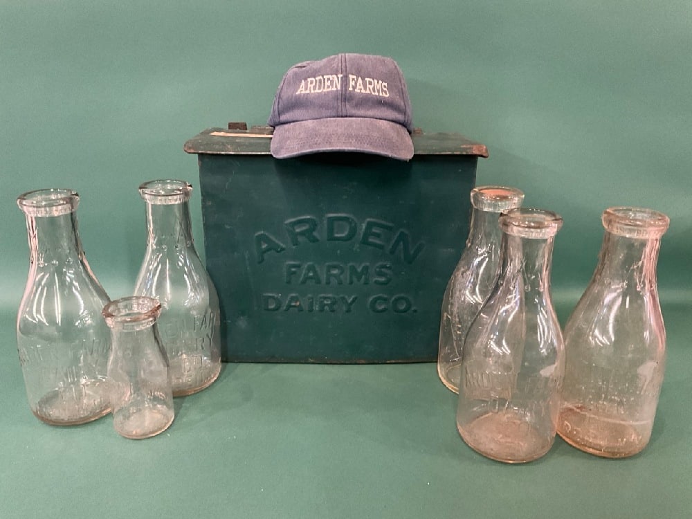 Arden Farms Memorabilia, Milk Box, Bottles and Hat Harriman, NY: Arden Farms Memorabilia. Incluidng Milk Box, Bottles and Hat. Harriman, New YorkDimensions: Milk Bottle Box - 11” x 13” x 6”