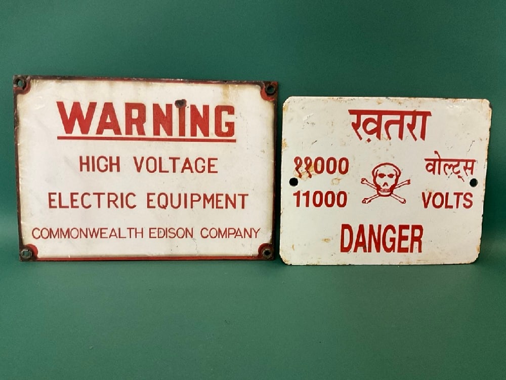 (2) Vintage “Danger High Voltage?? Porcelain Enamel Signs. “Commonwealth Edison: Two (2) Vintage “Danger High Voltage” Porcelain Enamel Signs. “Commonwealth Edison” Dimensions: Lg - 12” x 8 1/2” Sm - 9 3/4” x 8” Inv.163