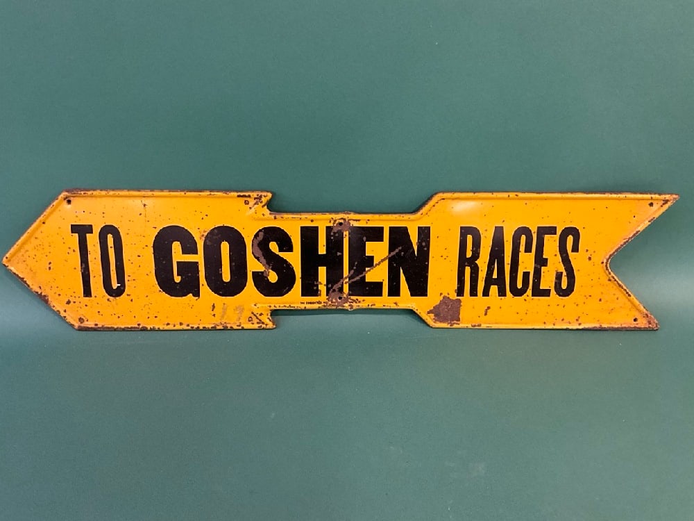 Vintage Tin “Arrow?? Sign “ To Goshen Races “ New York: Vintage Tin “Arrow” Sign “ To Goshen Races “ Goshen, New YorkGood Condition, Please See Photographs PreviewInv. 151Dimensions: 27” W x 6” H