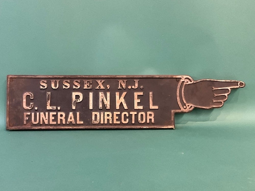 Antique Embossed Tin Hand Pointer Sign “C.L. Pinkel Funeral Director “ Sussex, NJ (1 of 4)