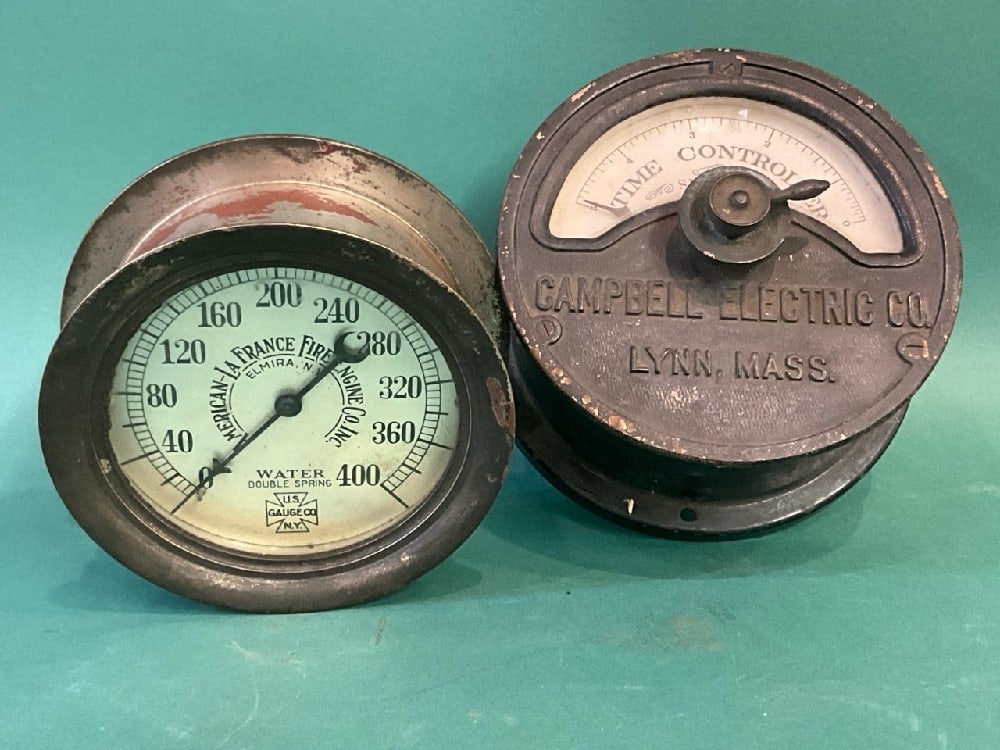 Pair of All Brass Antique Gauges - “American LaFrance Fire Engine?? Water & Campbell electric (1 of 5)